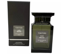 Tom Ford Old Wood Eau de Parfum 100ml bottle next to its black textured packaging box, on a plain white background.