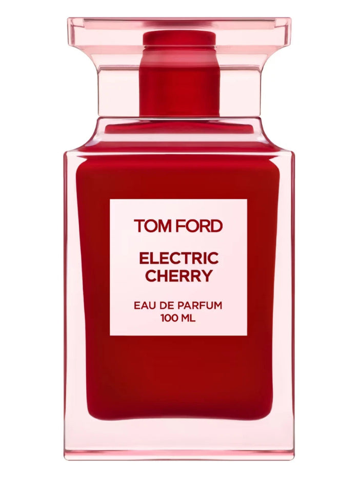 Tom Ford Electric Cherry Eau de Parfum 100ml bottle, featuring a translucent pink glass container filled with deep red liquid, topped with a matching pink cap and a white label with red text.